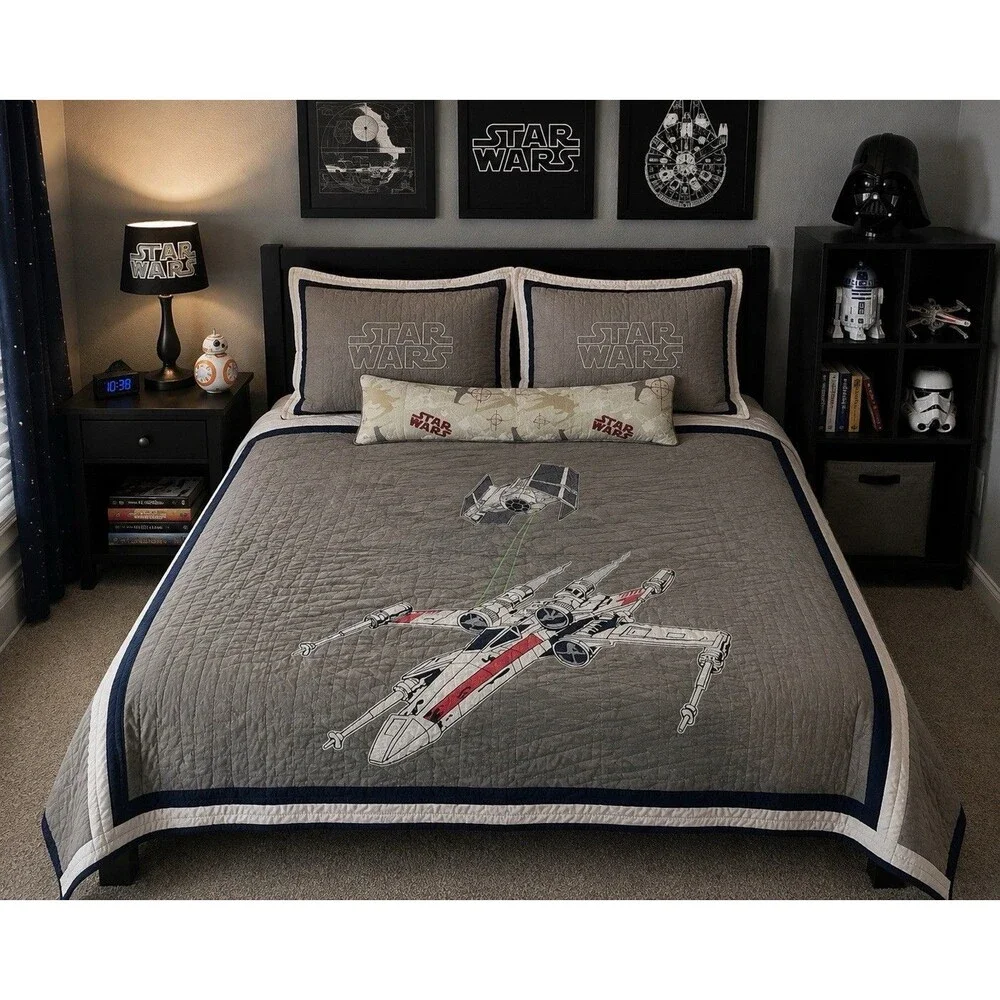 Pottery Barn Kids Star Wars X-Wing Quilt Full Queen 2 Shams + Lumbar Pillow Set